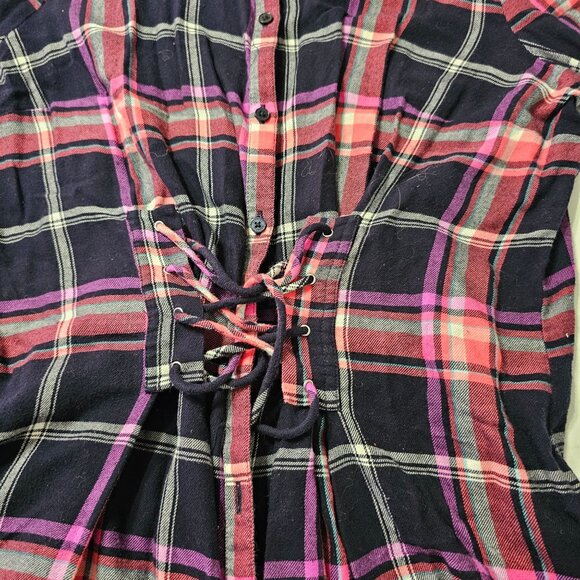 Express Women's Plaid Lace-Up Front Corseted Flannel Black/Pink Sz L Goth - Picture 4 of 10